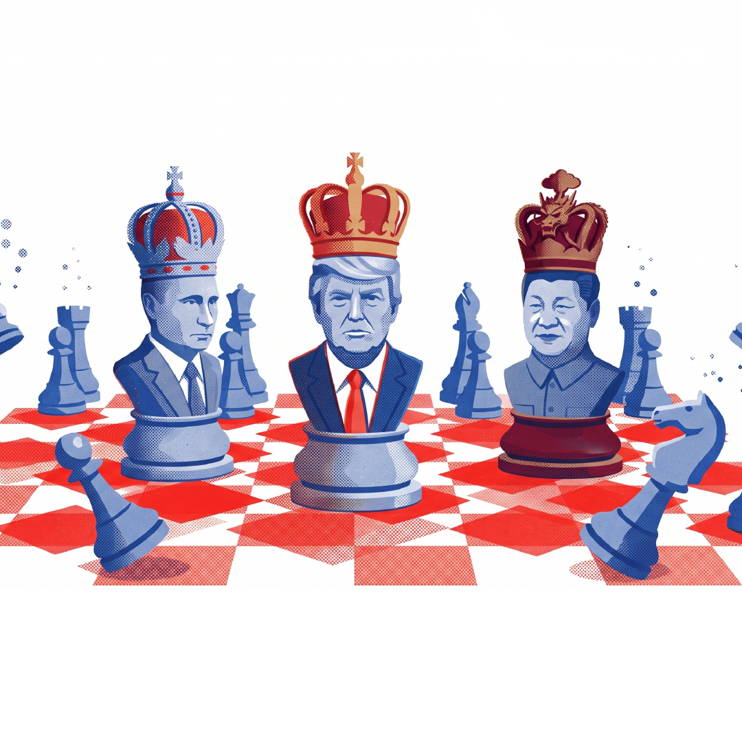 Ilustración de un tablero de ajedrez cuyas piezas principales son Donald Trump, Putin y Xi Jinping